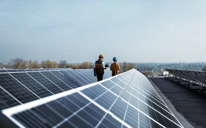 Blick auf das Dach einer grossen Überbauung. Zwei Experten begutachten die Solarpanels. Die Liegenschaft ist nach dem Prinzip Zusammenschluss zum Eigenverbrauch (ZEV) organisiert.